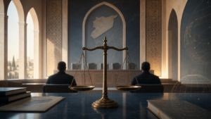 ميزان العدالة في قاعة محكمة يرمز إلى محاكمة رموز النظام السابق والعدالة الانتقالية في سوريا