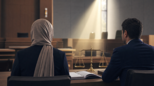 ضحية برفقة محام أمام ميزان العدالة في قاعة محكمة ترمز إلى حقوق الضحايا في سوريا