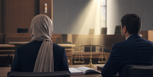 ضحية برفقة محام أمام ميزان العدالة في قاعة محكمة ترمز إلى حقوق الضحايا في سوريا